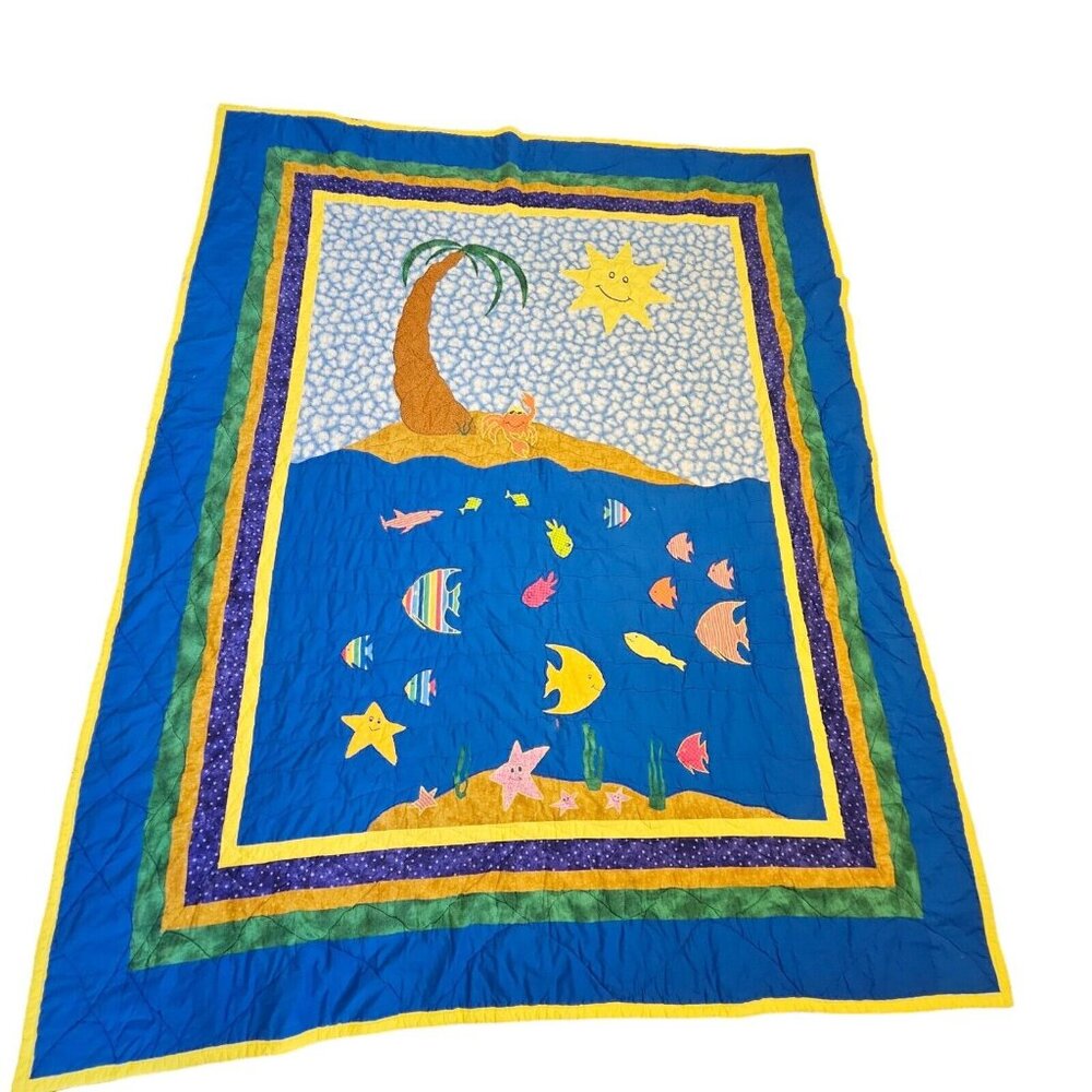 90s Beach Themed Tropical Kids Quilt Ocean Fish Appliques Full Size Under Sea